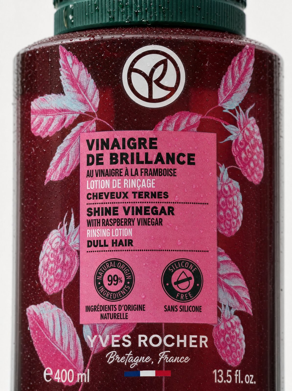 Close-up of the Hair Shine Vinegar label showing the silicone-free and 99% natural-origin seals