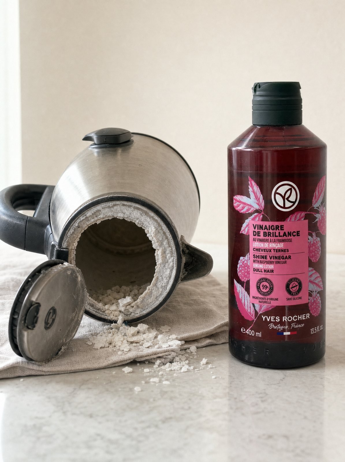 Limescale inside a kettle next to the Hair Shine Vinegar bottle